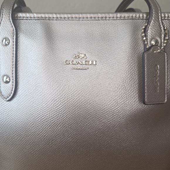 COACH Metallic Pebbled Leather Zip Top Tote Bag - Gold/Platinum - Picture 2 of 11